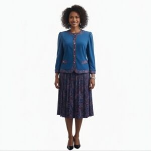 Vintage J.F. Royal Blue Soft Paisley Skirt & Cardigan Set Size 16P